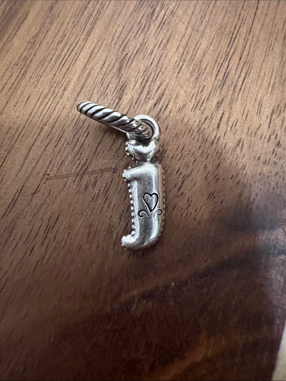 Silver Initial 'J' Charm with Heart Accent